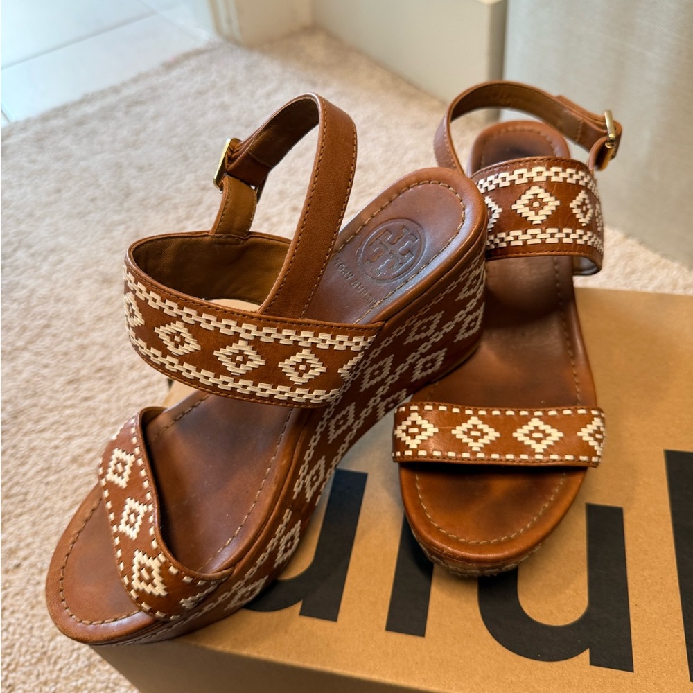 Tory Burch Tan Patterned Wedges